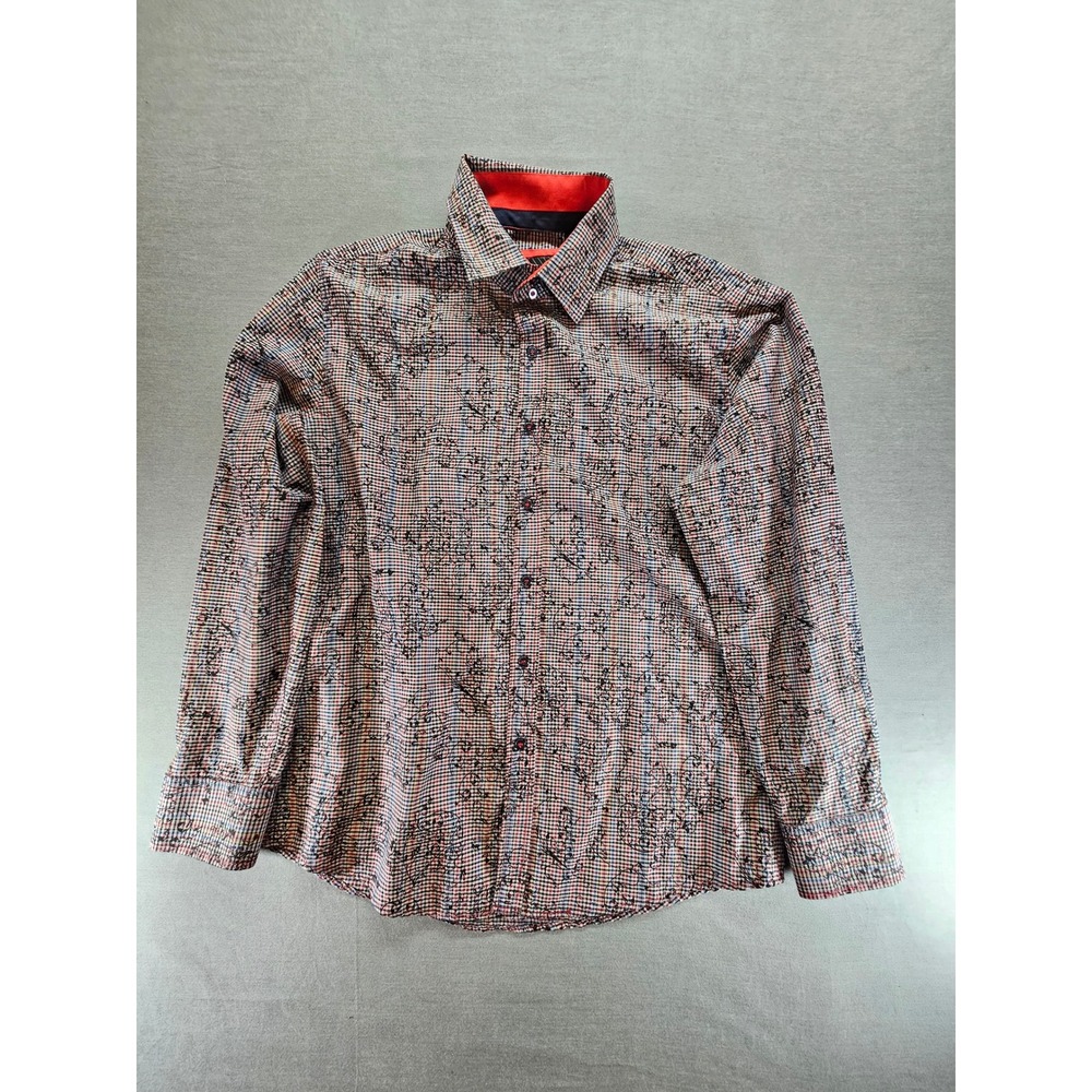 Sahara Club Mens Large Button Down Shirt Floral Micro Check Long Sleeve Red Blue